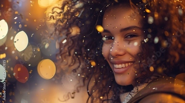 Obraz Close-up portrait of a beautiful young woman with curly hair, smiling and standing at a bus stop on an autumn evening. Shimmering confetti is flying around. The color tone is warm.