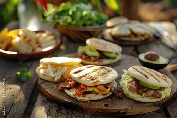 Fototapeta Delicious Grilled Flatbread Sandwiches with Fresh Ingredients and Side Dishes on a Rustic Woode