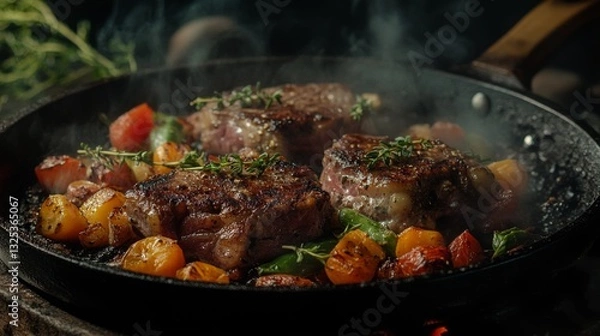 Fototapeta Grilled steak with roasted vegetables in cast iron skillet for rustic culinary experience