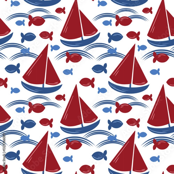 Fototapeta Marine pattern with a boat on the waves and fish. Vector illustration