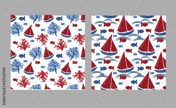 Fototapeta A set of marine patterns with boats and corals and fish. Vector illustration