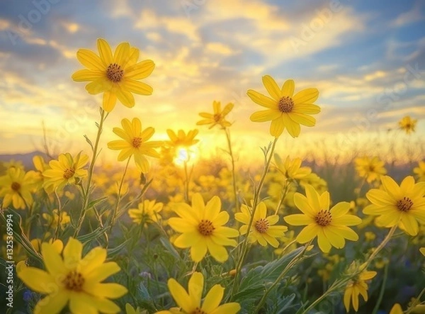 Fototapeta Bright Yellow Wildflowers Bloom Under a Beautiful Sunset Sky with Warm Pink and Orange Hues Creating a Serene Nature Landscape