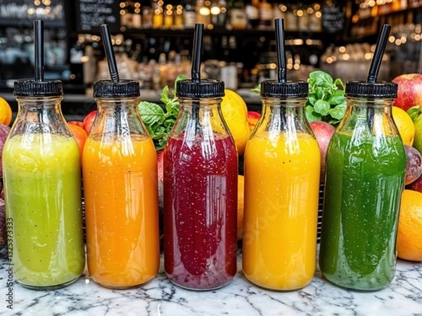 Obraz Five glass bottles filled with vibrant, freshly made juices stand proudly on a marble surface, surrounded by an array of bright fruits, showcasing a refreshing beverage selection.