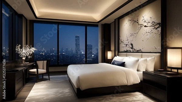 Fototapeta Luxury Hotel Bedroom Interior at Night with City Skyline View