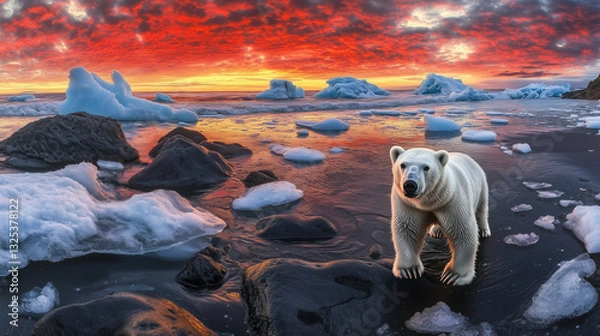Obraz Dramatic fish-eye shot of a polar bear standing on a crumbling ice sheet along the coast beneath a burning sunset, illustrating the fragile state of the Arctic due to global warming