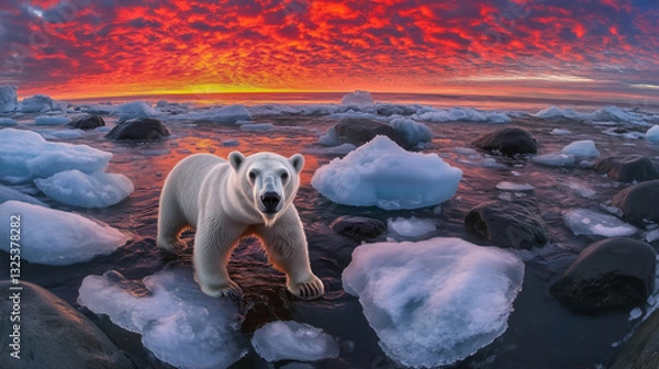 Obraz Expansive fish-eye perspective of a solitary polar bear on a receding ice-covered coastline, bathed in the warm glow of a sunrise, emphasizing the effects of climate change on the Arctic landscape