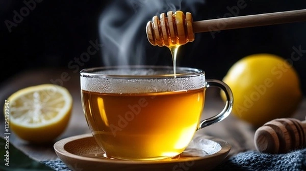Fototapeta Cozy winter tea honey and lemon A steaming cup of herbal tea with honey drizzling from a wooden dipper