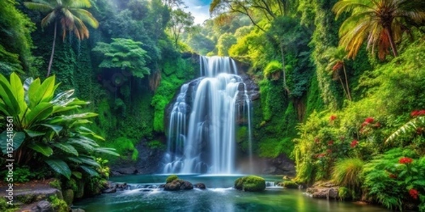 Fototapeta A stunning waterfall cascading down lush, tropical jungle surrounded by vibrant greenery and exotic flora ,  Waterfall