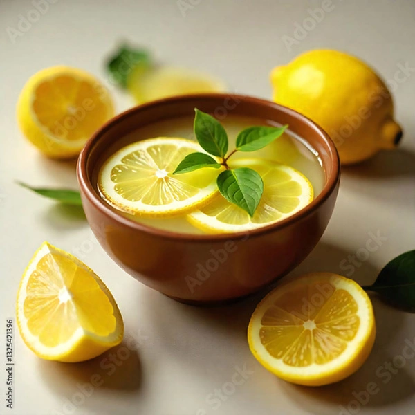 Fototapeta Rustic Lemon slices in a Bowl, surrounded by lemons. cinematic top view Flat lay