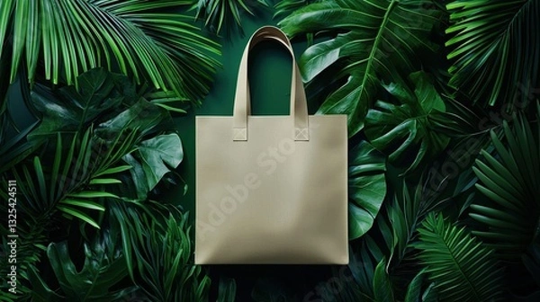 Fototapeta Fashionable beige tote bag mockup on a dark green background, surrounded by lush tropical leaves, creating a vibrant and exotic atmosphere for summer shopping and fashion concepts.