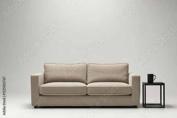 Fototapeta Beige sofa and black side table in minimalist room.
