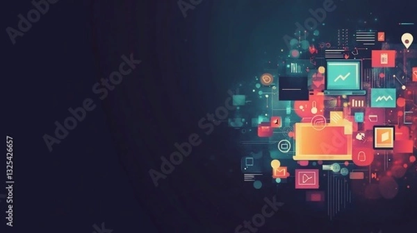 Fototapeta Abstract Digital Network with Glowing Icons and Gadgets on Dark Background