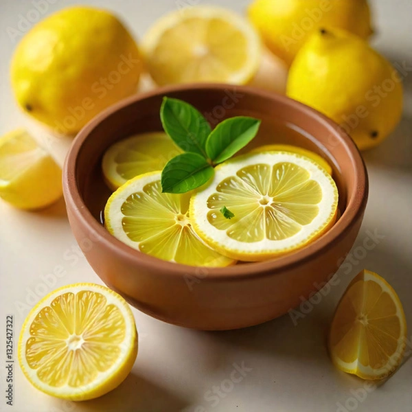 Fototapeta Rustic Lemon slices in a Bowl, surrounded by lemons. cinematic top view Flat lay