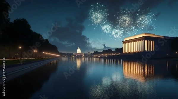 Fototapeta Lincoln memorial and capitol building reflected during a fireworks display