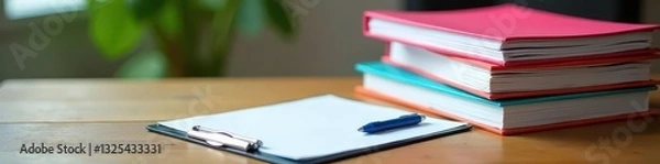 Fototapeta Brightly colored paperwork, neatly stacked binders, clipboard and pen on wooden surface, planning, papers