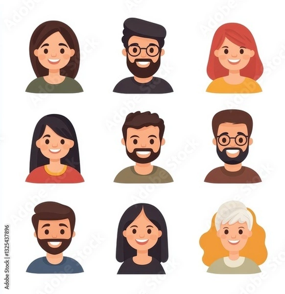 Fototapeta Diverse Group of Cartoon Faces Smiling in Nine Square Layout