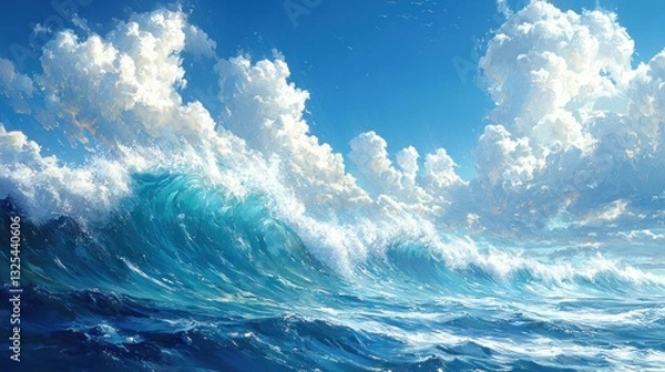 Obraz Dramatic ocean waves under a vibrant blue sky with fluffy white clouds.