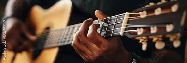 Obraz Skilled musician s hands playing mesmerizing melody on wooden acoustic guitar
