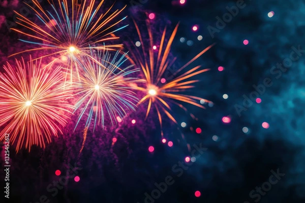 Fototapeta Bright colorful fireworks exploding in night sky create stunning display of light and color, illuminating dark backdrop with vibrant hues and sparkling effects