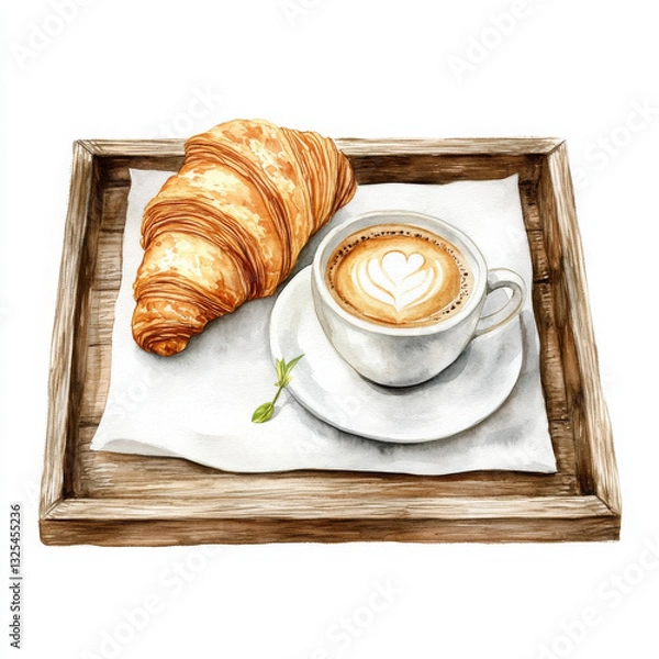Fototapeta Watercolor croissant and latte on tray create cozy, comforting mood