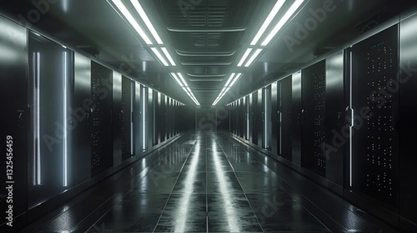 Fototapeta Exploring a Modern Server Room with Data Storage and Processing