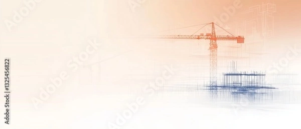 Obraz An abstract construction scene with a crane, featuring soft colors and faint outlines of a building under development.