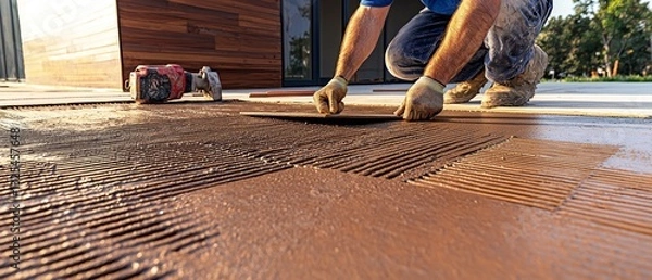 Obraz A person is laying tiles outdoors, working on a textured surface with tools, showcasing a construction or renovation project.