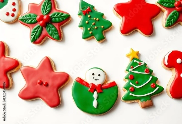 Fototapeta Assorted Christmas cookies, decorated, on pristine white background, tasty, sprinkles