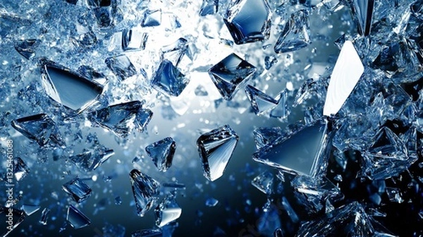 Fototapeta A close-up of shattered glass suspended in mid-air, capturing the dynamic shards and reflections. Perfect for concepts of chaos, motion, or abstract art