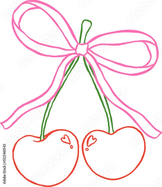 Fototapeta Coquette Cherry Ribbon Bow, Trendy Outline Minimal Line Art Hand Drawn Doodle