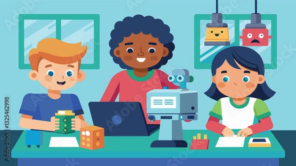 Fototapeta As part of a coding club elementary students use a 3D printer to create and print out their own custommade robot putting their programming skills to the test.. Vector illustration