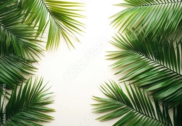 Fototapeta Lush Green Palm Leaves Framing a Blank Space on White Background Ideal for Tropical, Summer Themes or Nature-inspired Projects