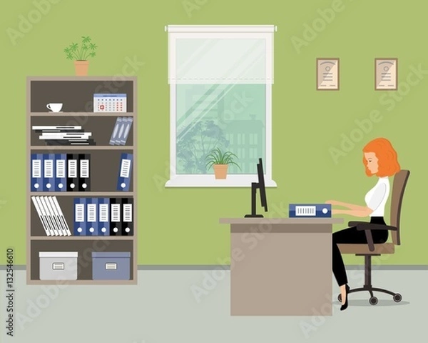 Fototapeta Web banner of an office worker in the green room near the window. The young woman is an employee at work. There is a beige furniture, chair, case with folders in the picture. Vector flat illustration