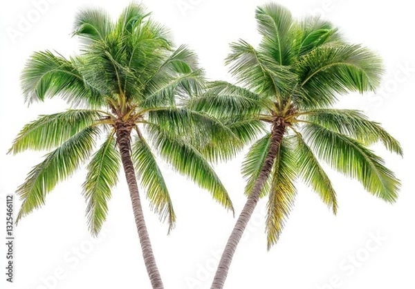 Fototapeta Lush Green Palm Trees Against a Bright White Background Evoking Tropical Paradise Vibes for Travel, Relaxation, and Nature Themes