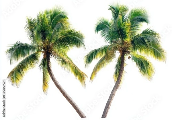 Fototapeta Lush Green Palm Trees Against Bright White Background, Tropical Vibe, Vibrant Nature Scene, Ideal for Vacation and Travel Themes, Summer Aesthetic, Relaxation