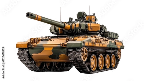Fototapeta Realistic Military Tank in Camouflage Design on White Background for Defense Concepts