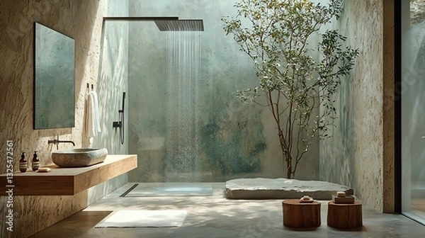 Fototapeta Luxurious Modern Bathroom Design with Indoor Tree and Rainfall Shower. A serene and stylish bathroom interior featuring natural elements and minimalist design.