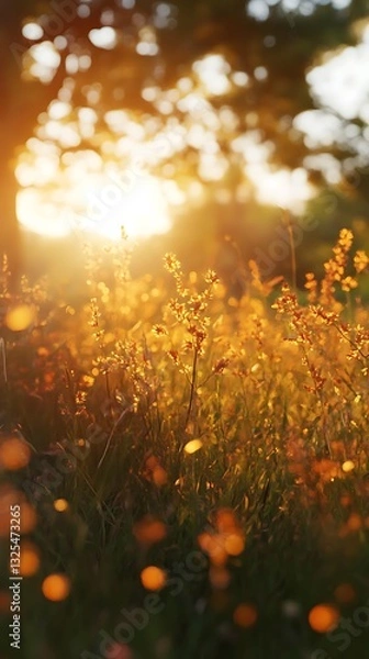 Fototapeta A sunlit meadow filled with golden flowers, creating a serene and peaceful atmosphere.