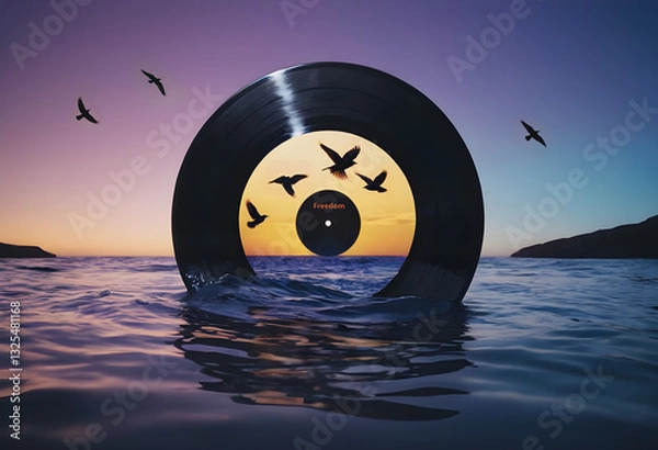 Obraz Surreal Vinyl Record Sunset Over Ocean with Flying Birds