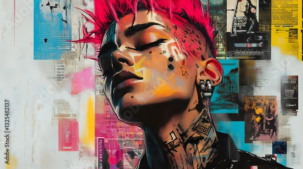 Obraz Striking Portrait of a Cyberpunk Individual With Vibrant Pink Hair and Bold Tattoos in a Colorful Urban Backdrop. Generative AI