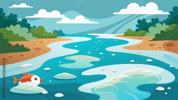 Fototapeta The surface of the river is covered in a thick layer of foam and bubbles a result of the excessive pollutants and chemicals that have been dumped into its once clean waters. The. Vector illustration