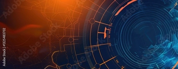 Fototapeta Modern abstract blue and orange gradient background with curved lines and glowing neon effects.