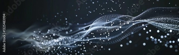Fototapeta Futuristic abstract black background with dots forming a dynamic wave pattern.