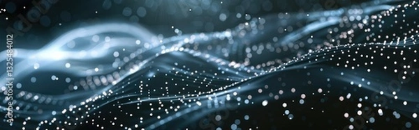 Fototapeta Futuristic abstract black background with dots forming a dynamic wave pattern.