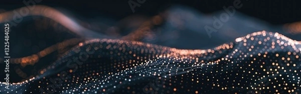 Fototapeta Futuristic abstract black background with dots forming a dynamic wave pattern.