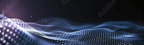 Fototapeta Futuristic abstract black background with dots forming a dynamic wave pattern.