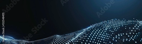 Fototapeta Futuristic abstract black background with white dots forming a dynamic wave shape.