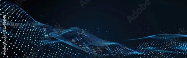 Fototapeta Futuristic abstract black background with white dots forming a dynamic wave shape.