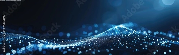 Fototapeta Futuristic abstract black background with white dots forming a dynamic wave shape.