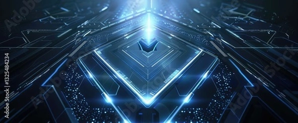 Fototapeta Futuristic abstract blue background with geometric shapes and glowing light lines.